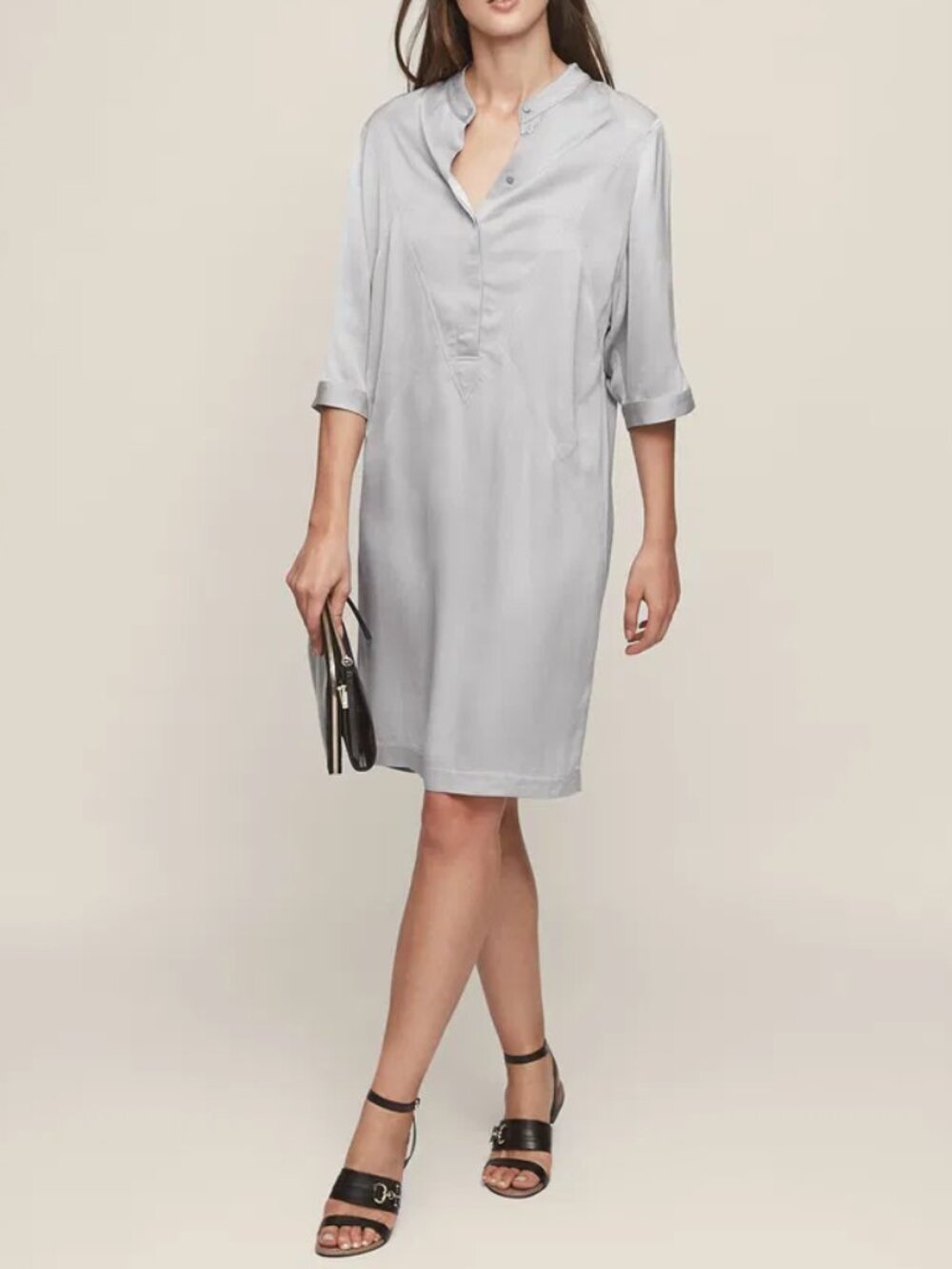 Reiss McCarthy Shirt Dress US 8 Gray Satin Midi Shift Minimalist Workwear